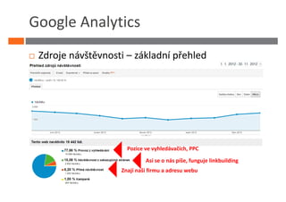 Google Analytics
 Zdroje návštěvnosti – základní přehled




                     Pozice ve vyhledávačích, PPC
                            Asi se o nás píše, funguje linkbuilding
                   Znají naši firmu a adresu webu
 