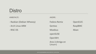Distro
ANBEFALTE:                                               ANDRE:

- Rasbian (Debian Wheezy)                                Fedora Remix             OpenELEC
- Arch Linux ARM                                         Gentoo                   RaspBMC
- RISC OS                                                Moebius                  Xbian
                                                         openSUSE
                                                         OpenWrt
                                                         Aros («Amiga on
                                                         Linux»)


                            KJETIL.KLAUSSEN@GMAIL.COM | @KJETILKL | KJETILK.COM
 