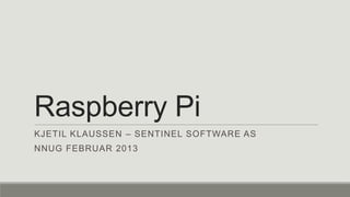 Raspberry Pi
KJETIL KLAUSSEN – SENTINEL SOFTWARE AS
NNUG FEBRUAR 2013
 