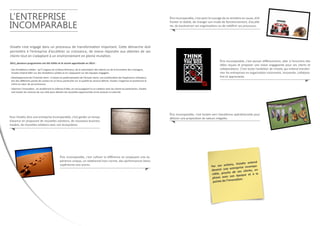 L’ENTREPRISE
INCOMPARABLE

Être incomparable, c’est avoir le courage de se remettre en cause, d’affronter la réalité, de changer son mode de fonctionnement, d’accélérer, de bouleverser ses organisations ou de redéfinir ses processus.

Visiativ s’est engagé dans un processus de transformation important. Cette démarche doit
permettre à l’entreprise d’accélérer sa croissance, de mieux répondre aux attentes de ses
clients tout en s’adaptant à un environnement en pleine mutation.
2012, plusieurs programmes ont été initiés et ils seront approfondis en 2013 :
- Des fondations solides : qu’il s’agisse du schéma directeur, de la valorisation des talents ou de la formation des managers,
Visiativ entend bâtir sur des fondations solides et en s’appuyant sur des équipes engagées.
- Développement de l’intimité client : à travers la systématisation de l’écoute client, une amélioration de l’expérience utilisateur
lors des différents points de contact et un focus particulier sur la qualité du service délivré, Visiativ s’organise et positionne le
client au cœur de ses processus.

Être incomparable, c’est penser différemment, aller à l’encontre des
idées reçues et proposer une vision engageante pour ses clients et
collaborateurs. C’est toute l’ambition de Visiativ qui entend transformer les entreprises en organisation visionnaire, innovante, collaborative et apprenante.

- Valoriser l’innovation : en améliorant la collecte d’idée, en encourageant la co-création avec les clients et partenaires, Visiativ
met toutes les chances de son côté pour déceler de nouvelles opportunités et les amener à maturité.

Pour Visiativ, être une entreprise incomparable, c’est garder un temps
d’avance en proposant de nouvelles solutions, de nouveaux business
models, de nouvelles relations avec son écosystème.

Être incomparable, c’est cultiver la différence en proposant une expérience unique, un relationnel hors norme, des performances biens
supérieures aux autres.

Être incomparable, c’est tendre vers l’excellence opérationnelle pour
délivrer une proposition de valeurs inégalée.

d
isiativ enten
s actions, V
paPar se
eprise incom
enir une entr
dev
s clients, en
roche de se
rable, p
oque et à la
avec son ép
phase
novation.
pointe de l’in

 