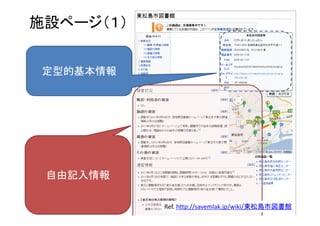 施設ページ（１）


 定型的基本情報




 自由記入情報

           Ref. http://savemlak.jp/wiki/東松島市図書館
                                             6
 