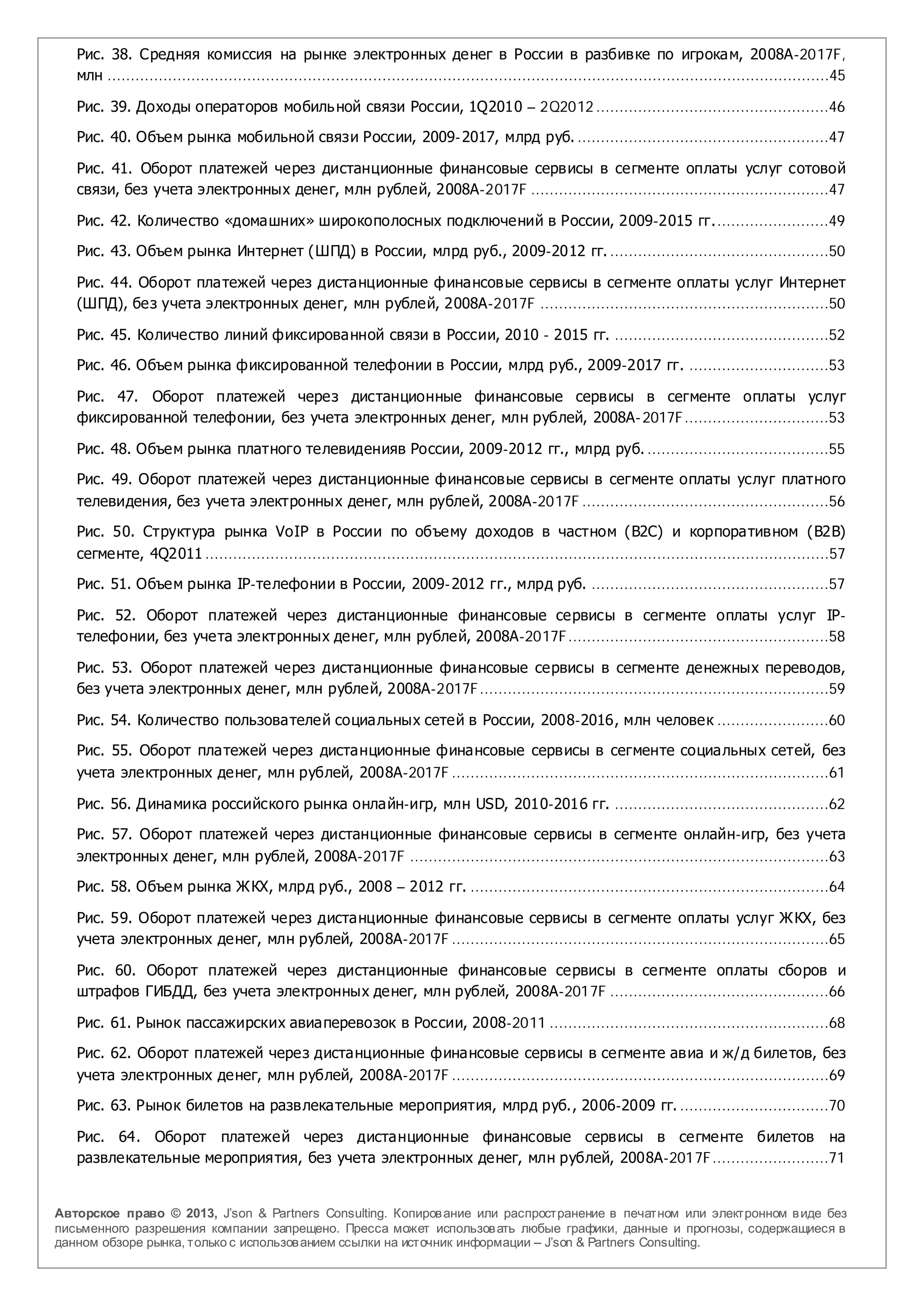 Рис. 38. Средняя комиссия на рынке электронных денег в России в разбивке по игрокам, 2008А-2017F,
   млн ...........................................................................................................................................................45

   Рис. 39. Доходы операторов мобиль ной связи России, 1Q2010 – 2Q2012 ..................................................46

   Рис. 40. Объем рынка мобильной связи России, 2009-2017, млрд руб. ......................................................47

   Рис. 41. Оборот платежей через дистанционные финансовые сервисы в сегменте оплаты услуг сотовой
   связи, без учета электронных денег, млн рублей, 2008А-2017F ................................................................47

   Рис. 42. Количество «домашних» широкополосных подключений в России, 2009-2015 гг.........................49

   Рис. 43. Объем рынка Интернет (ШПД) в России, млрд руб., 2009-2012 гг. ...............................................50

   Рис. 44. Оборот платежей через дистанционные финансовые сервисы в сегменте оплаты услуг Интернет
   (ШПД), без учета электронных денег, млн рублей, 2008А-2017F ..............................................................50

   Рис. 45. Количество линий фиксированной связи в России, 2010 - 2015 гг. ..............................................52

   Рис. 46. Объем рынка фиксированной телефонии в России, млрд руб., 2009-2017 гг. ..............................53

   Рис. 47. Оборот платежей через дистанционные финансовые сервисы в сегменте оплаты услуг
   фиксированной телефонии, без учета электронных денег, млн рублей, 2008А-2017F...............................53

   Рис. 48. Объем рынка платного телевиденияв России, 2009-2012 гг., млрд руб. .......................................55

   Рис. 49. Оборот платежей через дистанционные финансовые сервисы в сегменте оплаты услуг платного
   телевидения, без учета электронных денег, млн рублей, 2008А-2017F .....................................................56

   Рис. 50. Структура рынка VoIP в России по объему доходов в частном (B2С) и корпоративном (B2B)
   сегменте, 4Q2011 ......................................................................................................................................57

   Рис. 51. Объем рынка IP-телефонии в России, 2009-2012 гг., млрд руб. ...................................................57

   Рис. 52. Оборот платежей через дистанционные финансовые сервисы в сегменте оплаты услуг IP-
   телефонии, без учета электронных денег, млн рублей, 2008А-2017F........................................................58

   Рис. 53. Оборот платежей через дистанционные финансовые сервисы в сегменте денежных переводов,
   без учета электронных денег, млн рублей, 2008А-2017F...........................................................................59

   Рис. 54. Количество пользователей социальных сетей в России, 2008-2016, млн человек ........................60

   Рис. 55. Оборот платежей через дистанционные финансовые сервисы в сегменте социальных сетей, без
   учета электронных денег, млн рублей, 2008А-2017F .................................................................................61

   Рис. 56. Динамика российского рынка онлайн-игр, млн USD, 2010-2016 гг. ..............................................62

   Рис. 57. Оборот платежей через дистанционные финансовые сервисы в сегменте онлайн-игр, без учета
   электронных денег, млн рублей, 2008А-2017F ..........................................................................................63

   Рис. 58. Объем рынка Ж КХ, млрд руб., 2008 – 2012 гг. .............................................................................64

   Рис. 59. Оборот платежей через дистанционные финансовые сервисы в сегменте оплаты услуг Ж КХ, без
   учета электронных денег, млн рублей, 2008А-2017F .................................................................................65

   Рис. 60. Оборот платежей через дистанционные финансовые сервисы в сегменте оплаты сборов и
   штрафов ГИБДД, без учета электронных денег, млн рублей, 2008А-2017F ...............................................66

   Рис. 61. Рынок пассажирских авиаперевозок в России, 2008-2011 ............................................................68

   Рис. 62. Оборот платежей через дистанционные финансовые сервисы в сегменте авиа и ж/д биле тов, без
   учета электронных денег, млн рублей, 2008А-2017F .................................................................................69

   Рис. 63. Рынок билетов на развлекательные мероприятия, млрд руб., 2006-2009 гг. ................................70

   Рис. 64. Оборот платежей через дистанционные финансовые сервисы в сегменте билетов на
   развлекательные мероприятия, без учета электронных денег, млн рублей, 2008А-2017F.........................71


Авторское право © 2013, J’son & Partners Consulting. Копиров ание или распространение в печатном или электронном в иде без
письменного разрешения компании запрещено. Пресса может использов ать любые графики, данные и прогнозы, содержащиеся в
данном обзоре рынка, только с использов анием ссылки на источник информации – J’son & Partners Consulting.
 