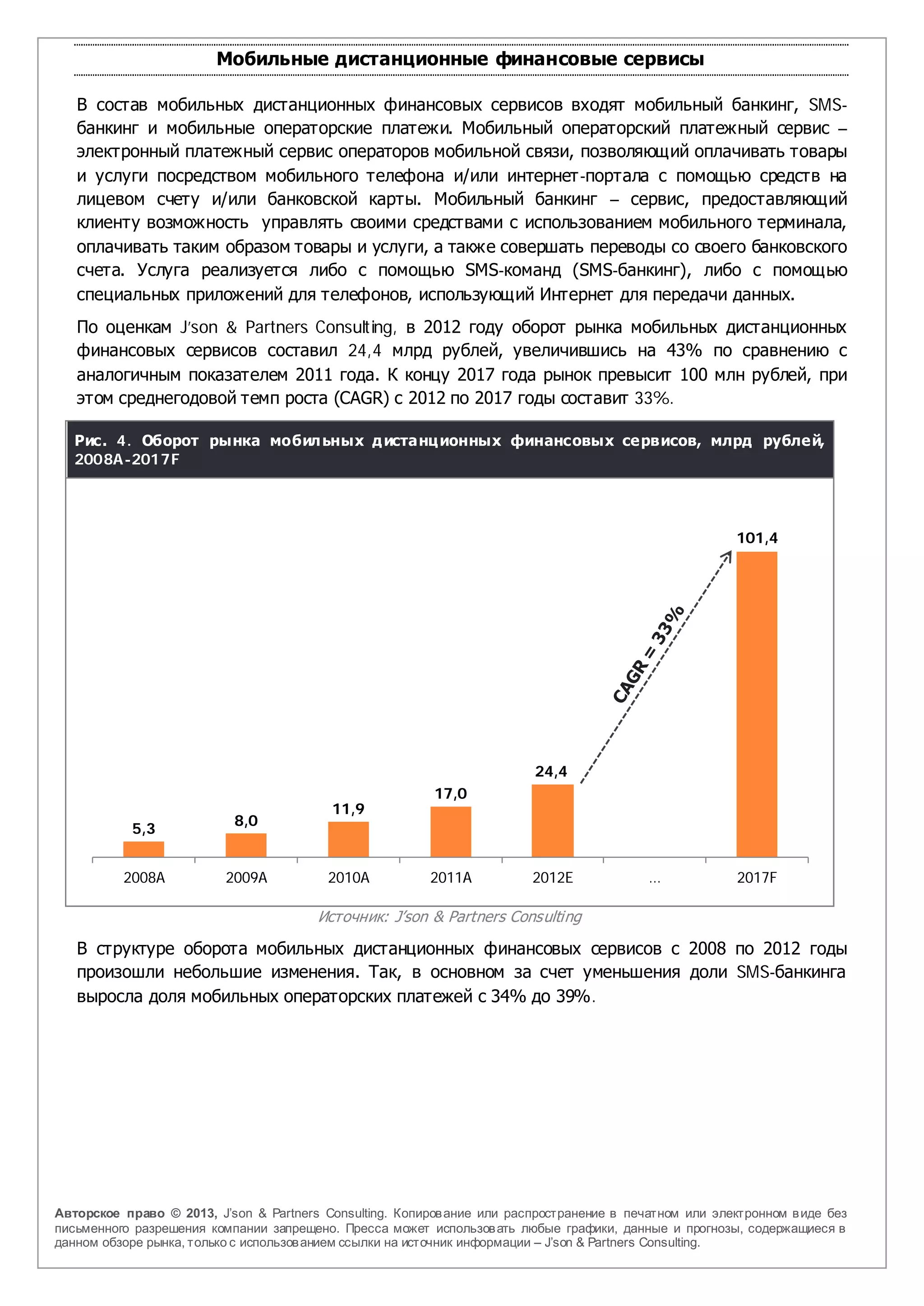 Мобильные дистанционные финансовые сервисы

   В состав мобильных дистанционных финансовых сервисов входят мобильный банкинг, SMS-
   банкинг и мобильные операторские платежи. Мобильный операторский платежный сервис –
   электронный платежный сервис операторов мобильной связи, позволяющий оплачивать товары
   и услуги посредством мобильного телефона и/или интернет-портала с помощью средств на
   лицевом счету и/или банковской карты. Мобильный банкинг – сервис, предоставляющий
   клиенту возможность управлять своими средствами с использованием мобильного терминала,
   оплачивать таким образом товары и услуги, а также совершать переводы со своего банковского
   счета. Услуга реализуется либо с помощью SMS-команд (SMS-банкинг), либо с помощью
   специальных приложений для телефонов, использующий Интернет для передачи данных.
   По оценкам J’son & Partners Consulting, в 2012 году оборот рынка мобильных дистанционных
   финансовых сервисов составил 24,4 млрд рублей, увеличившись на 43% по сравнению с
   аналогичным показателем 2011 года. К концу 2017 года рынок превысит 100 млн рублей, при
   этом среднегодовой темп роста (CAGR) с 2012 по 2017 годы составит 33%.

   Рис. 4. Оборот рынка мобил ьных д истанц ионных финансовых сервисов, млрд рублей,
   2008A-2017F




                                                                                                        101,4




                                                                         24,4
                                                          17,0
                                          11,9
                           8,0
           5,3


          2008A           2009A           2010A          2011A           2012E             …             2017F

                                        Источник: J’son & Partners Consulting

   В структуре оборота мобильных дистанционных финансовых сервисов с 2008 по 2012 годы
   произошли небольшие изменения. Так, в основном за счет уменьшения доли SMS-банкинга
   выросла доля мобильных операторских платежей с 34% до 39%.




Авторское право © 2013, J’son & Partners Consulting. Копиров ание или распространение в печатном или электронном в иде без
письменного разрешения компании запрещено. Пресса может использов ать любые графики, данные и прогнозы, содержащиеся в
данном обзоре рынка, только с использов анием ссылки на источник информации – J’son & Partners Consulting.
 
