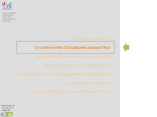 Etude prospective
 et participative
 autour de la
 restructuration du
 centre ville




                                                       Escalquens aujourd'hui

                                Le centre-ville d’Escalquens aujourd’hui

                                 Les attentes concernant le futur centre-ville

                                      Focus sur la question des déplacements

                      Les priorités en termes d'aménagements et équipements

                                                   Les équipements existants

                             Focus sur l'habitat et les nouvelles constructions


Présentation du
7 février 2013
- Page 22 -
 