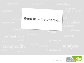 questions                       études                problématique
                                                                                  analyse
 Etude prospective
 et participative
 autour de la

   connaitre
 restructuration du
 centre ville
                              marketing                                      questionnaire
                                           scores
                                                         verbatim
                                                                            recueil
                      interrogation            marché
   réponses                                                       terrain             résultats
                                    collecte                                statistiques
                                                       mesurer
                      entretiens                             valider                    décisions
                                      baromètres
         échantillon                                                           conseil
   discours
                           savoir                               stratégie
                                          potentiel
    comprendre                                        données                 analyser
  audit                                                     opérationnel
                           taux
Présentation du
7 février 2013
- Page 59 -
 