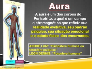 A aura é um dos corpos do
                          Perispírito, a qual é um campo
                         eletromagnética que reflete sua
                         realidade evolutiva, seu padrão
                        psíquico, sua situação emocional
                        e o estado físico dos encarnados.

                        ANDRÉ LUIZ: “Psicosfera humana ou
                        fotosfera psíquica”
                        LÉON DENNIS: “Fotosfera humana”



CURSO PASSE KSSF 2013
 
