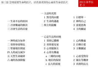 第三篇 急切需要生命的長大，以及藉著對付心而在生命裏長大第三篇 急切需要生命的長大，以及藉著對付心而在生命裏長大
壹 生命長大的急需
貳 生命長大的重要
一 生命不長的原因
二 召會難處的解決
三 召會生活的首要
參 生命長大的認識
一 神的成分加多
二 基督身量增長
三 聖靈地位開展
四 人的成分減少
五 天然生命破碎
六 魂的各部降服
肆 生命長大的接觸
一 主話的光照
1 對光的回應
2 生命的邁進
二 與主的接觸
伍 生命長大的對付
一 心是生長的田地
1 基督已撒種
2 基督要安家
3 心常限制主
4 心常有難處
a 三種的田地
b 地位的保留
c 長大的需要
二 心的純潔與專一
1 目標單一
2 神的自己
3 需要恩典
4 主的擴展
三 主的照耀與察驗
四 心的詭詐與難治
1 心的難處
2 自憐自愛
3 主難擴展
五 主在人裏的長大
1 心需受對付
2 靈在等機會
3 真實的長大
2013 春季長
老 -3
 