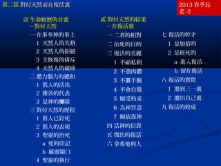 第二篇第二篇 對付天然而在復活裏對付天然而在復活裏 2013 春季長
老 -2
壹 生命經歷的首要
－對付天然
一 在事奉神的事上
1 天然人的失格
2 天然人的拒絕
3 主恢復的排斥
4 天然人的破碎
二 體力腦力的總和
1 舊人的活出
2 雅各的代表
3 是神的 阻攔
三 對付天然的歷程
1 舊人已釘死
2 舊人的表現
3 聖靈的治死
a 死的印記
b 屬靈關口
4 聖靈的執行
貳 對付天然的結果
－在復活裏
一 二者的相對
二 治死的目的
三 復活的美麗
1 不顧私利
2 不憑肉體
3 不 手腕耍
4 不會自傲
5 願受約束
6 為神旨意
7 願依靠神
四 活神的信靠
五 傑出的復活
六 拿弗他利人
七 復活的幹才
1 是加倍的
2 是經死的
a 進入復活
b 留在復活
八 復活的實際
1 遷到三一裏
2 遷出自己裏
九 復活的收成
 
