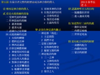 第五篇第五篇 有蒙召者完整的經歷而成為神合格的僕人有蒙召者完整的經歷而成為神合格的僕人
壹 摩西是神合格的僕人
貳 看見火燒荊棘的異象
一 受神咒詛的荊棘
二 作神器皿的荊棘
1 藉著救贖
2 藉著火靈
三 認識自己是荊棘
四 火燒荊棘的見證
1 火焰的轉變
2 燃料是活神
3 摩西是通道
五 召會是團體荊棘
1 神要得居所住處
2 神在人性中焚燒
3 以色列人的豫表
4 對神召會的讚美
a 未見罪 禍患孽
b 帳棚華美華麗
c 說祝福蒙祝福
5 哥林多神的召會
6 在復活裏的居所
a 召會的所是
b 復活是命脈
c 主裏的勞苦
參 必須有神是誰的 示啟
一 神是那『我是』
1 主是實際
2 我們不是
二 是他父親的神
1 是與神的歷史
2 屬靈父親的神
三 神是復活的神
1 三一之神
a 父神的所作
b 子神的祝福
c 靈神的效力
2 蒙召之人
肆 認識神呼召人的目的
一 脫離撒但世界
二 進入迦南美地
伍 知道對付三面的仇敵
一 撒但是杖蛇
二 肉體是痲瘋
三 世界是死血
陸 需有配合切割的經歷
一 身體的配合
二 肉體的切割
三 蒙召的經歷
2013 春季長
老 -5
 