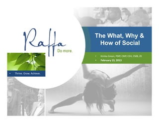 The What, Why &
                              How of Social
                             •   Kimba Green, PMP, CMP, CEH, CMB, ZK
                             •   February 13, 2013



•   Thrive. Grow. Achieve.
 