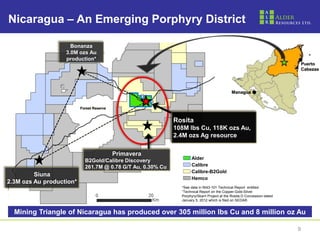Nicaragua – An Emerging Porphyry District

                     Bonanza
                   3.0M ozs Au
                   production*
                                                                                                                             Puerto
                                                                                                                             Cabezas




                                                                                             Managua


                          Forest Reserve


                                                             Rosita
                                                             108M lbs Cu, 118K ozs Au,
                                                             2.4M ozs Ag resource

                                           Primavera
                                                                    Alder
                            B2Gold/Calibre Discovery
                            261.7M @ 0.78 G/T Au, 0.30% Cu          Calibre
                                                                    Calibre-B2Gold
         Siuna
                                                                    Hemco
2.3M ozs Au production*
                                                               *See data in NI43-101 Technical Report entitled
                                                               “Technical Report on the Copper-Gold-Silver
                                                               Porphyry/Skarn Project at the Rosita D Concession dated
                                                               January 5, 2012 which is filed on SEDAR.


  Mining Triangle of Nicaragua has produced over 305 million lbs Cu and 8 million oz Au

                                                                                                                         9
 