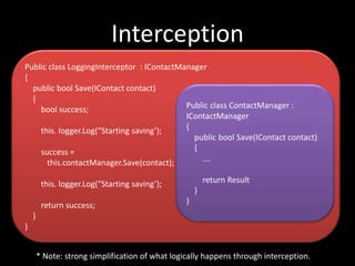 Interception
Public class LoggingInterceptor : IContactManager
{
  public bool Save(IContact contact)
  {
    bool success;                           Public class ContactManager :
                                            IContactManager
    this. logger.Log(“Starting saving’);    {
                                              public bool Save(IContact contact)
    success =                                 {
      this.contactManager.Save(contact);        ….

         this. logger.Log(“Starting saving’);             return Result
                                                      }
         return success;                          }
    }
}


        * Note: strong simplification of what logically happens through interception.
 