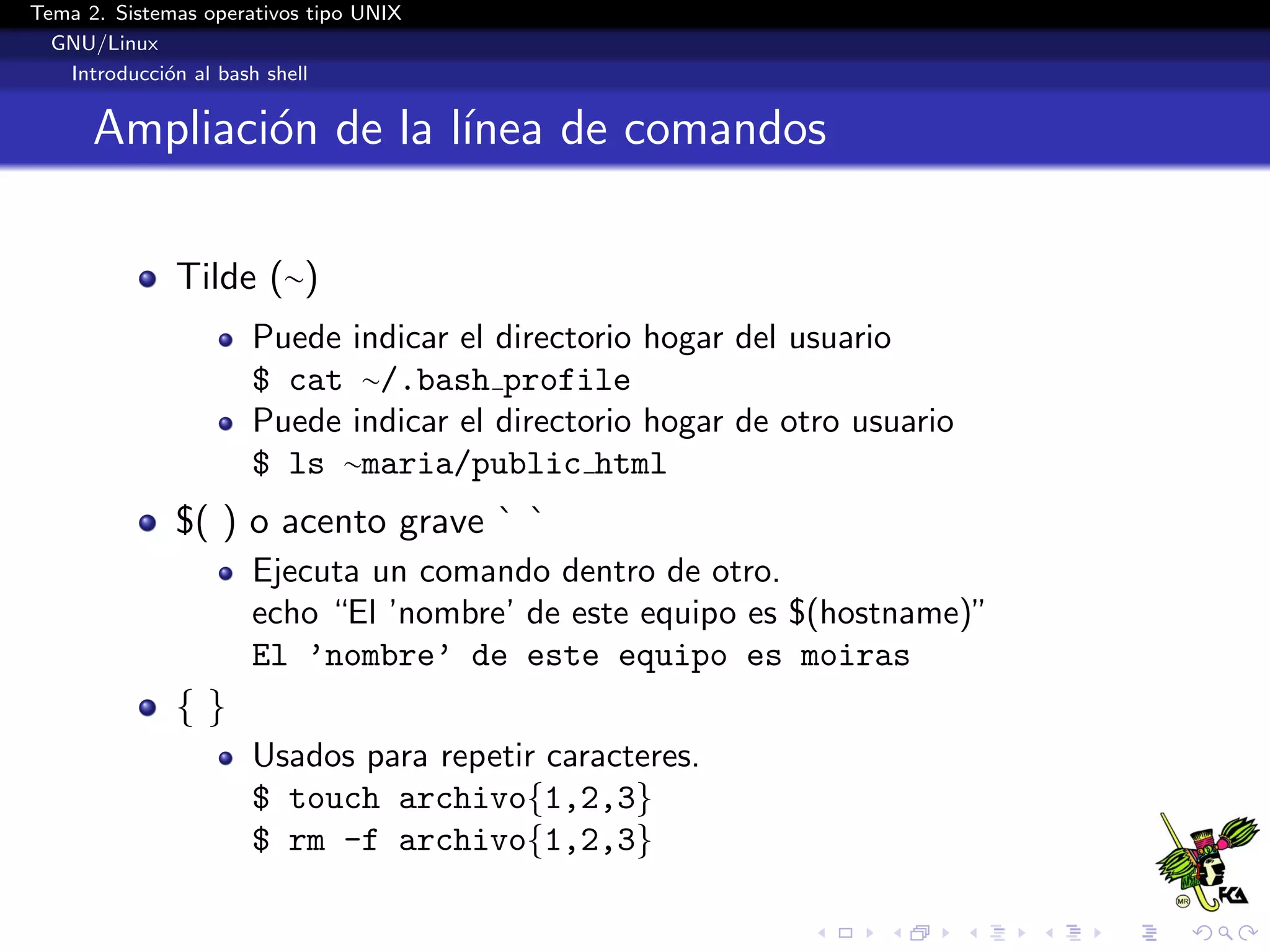 Tema 2. Sistemas operativos tipo UNIX
  GNU/Linux
   Introducci´n al bash shell
             o


      Ampliaci´n de la l´
              o         ınea de comandos

              Tilde (∼)
                      Puede indicar el directorio hogar del usuario
                      $ cat ∼/.bash profile
                      Puede indicar el directorio hogar de otro usuario
                      $ ls ∼maria/public html
              $( ) o acento grave ` `
                      Ejecuta un comando dentro de otro.
                      echo “El ’nombre’ de este equipo es $(hostname)”
                      El ’nombre’ de este equipo es moiras
              {}
                      Usados para repetir caracteres.
                      $ touch archivo{1,2,3}
                      $ rm -f archivo{1,2,3}
 