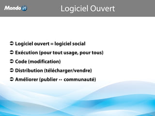  Logiciel ouvert = logiciel social
 Exécution (pour tout usage, pour tous)
 Code (modification)
 Distribution (télécharger/vendre)
 Améliorer (publier communauté)↔
Logiciel Ouvert
 