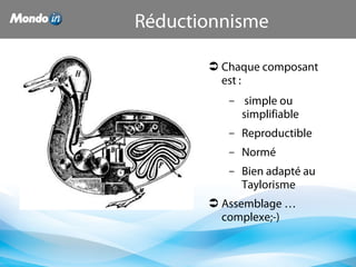 Réductionnisme
 Chaque composant
est :
– simple ou
simplifiable
– Reproductible
– Normé
– Bien adapté au
Taylorisme
 Assemblage …
complexe;-)
 
