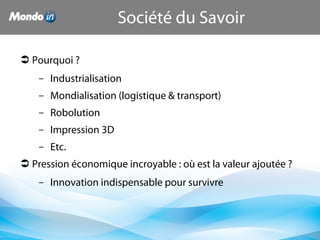  Pourquoi ?
– Industrialisation
– Mondialisation (logistique & transport)
– Robolution
– Impression 3D
– Etc.
 Pression économique incroyable : où est la valeur ajoutée ?
– Innovation indispensable pour survivre
Société du Savoir
 