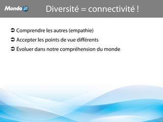 Diversité = connectivité !
 Comprendre les autres (empathie)
 Accepter les points de vue différents
 Évoluer dans notre compréhension du monde
 
