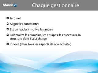Chaque gestionnaire
 Jardine !
 Aligne les contraintes
 Est un leader / motive les autres
 Fait croître les humains, les équipes, les processus, la
structure dont il a la charge
 Innove (dans tous les aspects de son activité!)
 
