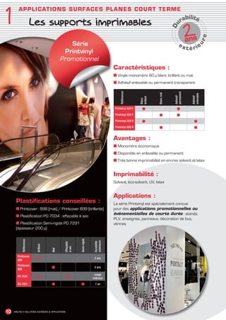 1
           AP P L I C ATI O N S S UR FACES PLANES CO U R T T ER M E
                                                                                                                                              ilit
                          Les supports imprimables                                                                                         rab é
‘
                                                                                                                                                2s




                                                                                                                                    Du
                                                                                                                                                an




                                                                                                                                                              e
                                                                                                                                                       ur
                                                 Série                                                                                  ex
                                                                                                                                                t é rie
                                               Printvinyl
                                             Promotionnel
                                                                                         Caractéristiques :
                                                                                         ■ Vinyle monomère 80 µ blanc brillant ou mat
                                                                                         ■ Adhésif enlevable ou permanent transparent




                                                                                              Références




                                                                                                                                    permanent
                                                                                                                        Blanc mat




                                                                                                                                                  enlevable
                                                                                                                                    Adhésif




                                                                                                                                                  Adhésif
                                                                                                             brillant
                                                                                                             Blanc
                                                                                          Printvinyl 829 P     ●                      ●
                                                                                          Printvinyl 828 P               ●            ●
                                                                                          Printvinyl 829 R     ●                                    ●
                                                                                          Printvinyl 828 R               ●                          ●

                                                                                         Avantages :
                                                                                         ■ Monomère économique
                                                                                         ■ Disponible en enlevable ou permanent
                                                                                         ■ Très bonne imprimabilité en encres solvant et latex


                                                                                         Imprimabilité :
                                                                                         Solvant, éco-solvant, UV, latex


                                                                                         Applications :
         Plastifications conseillées :                                                   La série Printvinyl est spécialement conçue
         ■ Printcover : 898 (mat) / Printcover 899 (brillante)                           pour des applications promotionnelles ou
                                                                                         événementielles de courte durée : stands,
         ■ Plastification PG 7034 : effaçable à sec
                                                                                         PLV, enseignes, panneaux, décoration de bus,
         ■ Plastification Semi-rigide PG 7291                                            vitrines
         (épaisseur 200 µ)
                                                             Semi-rigide
             Références




                                                                            extérieure
                                                                            Durabilité
                                                 Effaçable
                           Brillant




                                                 à sec
                                      Mat




          Printcover
          899              ●                                                2 ans

          Printcover
          898                         ●                                     2 ans

                                                                             usage
          PG 7034          ●                         ●                     intérieur
          PG 7291                     ●                      ●               1 an




 10    MACTAC • SOLUTIONS ADHÉSIVES  APPLICATIONS




MACTAC_CAT_APLI_Chap1.indd 10                                                                                                                                     15/11/12 15:10
 