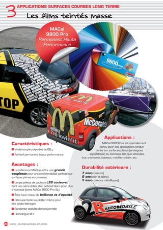 3
               APPLICATIONS SURFACES COURBES LONG TERME

                          Les films teintés masse
                                            MACal
                                          9800 Pro
                                       Permanent Haute
                                         Performance




                                                                               Applications :
         Caractéristiques :                                                    MACal 9800 Pro est spécialement
                                                                             conçu pour des applications longue
         ■ Vinyle souple polymère de 66 μ                                durée sur surfaces planes (enseignes,
         ■ Adhésif permanent haute performance                      signalétique) ou convexes tels que véhicules,
                                                             bus, tramways, bateaux, mobilier urbain, etc.

         Avantages :
         ■ La référence MACtac offre une grande
                                                             Durabilité extérieure :
         souplesse pour une conformabilité parfaite sur      7 ans (couleurs)
         surfaces planes et convexes                         8 ans (noir et blanc)
                                                             5 ans (couleurs métalliques)
         ■ Large palette de couleurs (99 couleurs)
         dont une série dotée d’un adhésif blanc pour plus
         d’intensité (série MACal 9800 Pro SL)
         ■ Très haut niveau de brillance et d’opacité
         ■ Découpe facile au plotter même pour
         des petits lettrages
         ■ Excellente stabilité dimensionnelle
         ■ Homologué M1


 20    MACTAC • SOLUTIONS ADHÉSIVES  APPLICATIONS




MACTAC_CAT_APLI_chap3.indd 20                                                                                       15/11/12 15:12
 