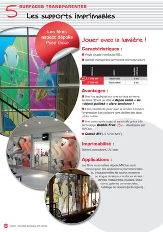 5
                 SU RFA C E S TR A N S PAR ENT ES

                          Les supports imprimables

                                              Les films
                                           aspect dépolis
                                             Pose facile
                                                            Jouer avec la lumière !
                                                            Caractéristiques :
                                                            ■ Vinyle souple translucide 80 µ
                                                            ■ Adhésif transparent permanent micro-structuré




                                                                    Référence




                                                                                                       extérieure
                                                                                                       Durabilité
                                                                                      Aspect
                                                            M1   JT 5798 MBF       Dépoli sablé          5 ans
                                                                 JT 5796 MBF      Dépoli pailleté        5 ans



                                                            Avantages :
                                                            ■ Une fois appliqués sur une surface en verre,
                                                            les films offrent un effet « dépoli sablé » ou
                                                            « dépoli pailleté » ultra tendance !
                                                            ■ Il est possible de jouer avec la lumière à travers
                                                            l’impression. Les couleurs sont visibles des deux
                                                            côtés du film
                                                            ■ Une pose rapide à sec et sans bulle grâce à la
                                                            technologie Bubble Free           développée par
                                                            MACtac.
                                                            ■ Classé M1 (JT 5798 MBF)


                                                            Imprimabilité :
                                                            Solvant, éco-solvant, UV, latex


                                                            Applications :
                                                            Les films imprimables dépolis MACtac sont
                                                              conçus pour des applications promotionnelles
                                                                    ou institutionnelles de courte, moyenne
                                                                       ou longue durées sur surfaces vitrées :
                                                                         vitrines, restaurants, musées, show-
                                                                           rooms, galeries commerciales,
                                                                             habillage de cloisons (anti-regard)…




 42    MACTAC • SOLUTIONS ADHÉSIVES  APPLICATIONS




MACTAC_CAT_APLI_chap5.indd 42                                                                                       15/11/12 15:14
 