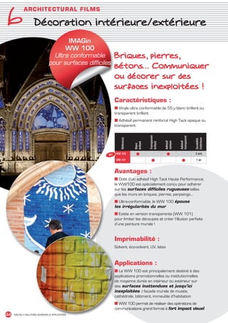 6
               A RC HI TE C TUR A L F I L M S

                       Décoration intérieure/extérieure
                                          IMAGin
                                         WW 100
                                     Ultra conformable         Briques, pierres,
                                   pour surfaces difficiles
                                                               bétons… Communiquer
                                                               ou décorer sur des
                                                               surfaces inexploitées !
                                                               Caractéristiques :
                                                               ■ Vinyle ultra conformable de 55 µ blanc brillant ou
                                                               transparent brillant
                                                               ■ Adhésif permanent renforcé High Tack opaque ou
                                                               transparent




                                                                                         Transparent




                                                                                                                 transparent
                                                                  Référence




                                                                                                                               Extérieure
                                                                                                                               Durabilité
                                                                                                       Adhésif



                                                                                                                 Adhésif
                                                                                                       opaque
                                                                              brillant



                                                                                         brillant
                                                                              Blanc




                                                          M1    WW 100          ●                       ●                      3 ans

                                                                WW 101                     ●                       ●            1 an


                                                               Avantages :
                                                               ■ Doté d’un adhésif High Tack Haute Performance,
                                                               le WW100 est spécialement conçu pour adhérer
                                                               sur les surfaces difficiles rugueuses telles
                                                               que les murs en briques, pierres, parpaings…
                                                               ■ Ultra-conformable, le WW 100 épouse
                                                               les irrégularités du mur
                                                               ■ Existe en version transparente (WW 101)
                                                               pour limiter les découpes et créer l’illusion parfaite
                                                               d’une peinture murale !


                                                               Imprimabilité :
                                                               Solvant, éco-solvant, UV, latex


                                                               Applications :
                                                               ■ Le WW 100 est principalement destiné à des
                                                               applications promotionnelles ou institutionnelles
                                                               de moyenne durée en intérieur ou extérieur sur
                                                               des surfaces inattendues et jusqu’ici
                                                               inexploitées : façade murale de musée,
                                                               cathédrale, bâtiment, immeuble d’habitation
                                                               ■ WW 100 permet de réaliser des opérations de
                                                               communications grand format à fort impact visuel
 44    MACTAC • SOLUTIONS ADHÉSIVES  APPLICATIONS




MACTAC_CAT_APLI_chap6.indd 44                                                                                                               15/11/12 15:14
 