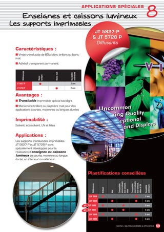 8
                                                                          APPLICAT IO NS SPÉCIALE S

                       Enseignes et caissons lumineux
       Les supports imprimables
                                                                                    JT 5827 P
                                                                                    JT 5728 P
                                                                                     Diffusants
             Caractéristiques :
             ■ Vinyle translucide de 80 µ blanc brillant ou blanc
             mat
             ■ Adhésif transparent permanent
                   Références




                                                             extérieure
                                                 Blanc mat




                                                             Durabilité
                                brillant
                                Blanc




              JT 5827 P           ●                          2 ans

              JT 5728 P                          ●           7 ans


             Avantages :
             ■ Translucide imprimable spécial backlight
             ■ Monomère brillant ou polymère mat pour des
             applications courtes, moyennes ou longues durées


             Imprimabilité :
             Solvant, éco-solvant, UV et latex


             Applications :
             Les supports translucides imprimables
             JT 5827 P et JT 5728 P sont
             spécialement développés pour la
             réalisation d’enseignes ou caissons
             lumineux de courte, moyenne ou longue
             durée, en intérieur ou extérieur



                                                                               Plastifications conseillées
                                                                                                                encre solvant,




                                                                                                                                 encre solvant,
                                                                                                                éco-solvant,




                                                                                                                                 éco-solvant,
                                                                                                                Compatible




                                                                                                                                 Compatible
                                                                                 Références




                                                                                                                                 latex et UV


                                                                                                                                                  extérieure
                                                                                                                                                  Durabilité
                                                                                              Brillant




                                                                                                                latex
                                                                                                         Mat




                                                                               LUV 3899       ●                                       ●           3 ans

                                                                               LUV 3898                  ●                            ●           3 ans

                                                                          M1   LF 3999        ●                      ●                            5 ans

                                                                          M1   LF 3998                   ●           ●                            5 ans

                                                                               LUV 3999       ●                                       ●           5 ans

                                                                               LUV 3998                  ●                            ●           5 ans


                                                                                                               MACTAC • SOLUTIONS ADHÉSIVES  APPLICATIONS           59


MACTAC_CAT_APLI_chap8.indd 59                                                                                                                                  15/11/12 15:16
 