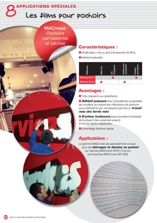 8
               A P P L I C ATI ON S S PÉ CIALES

                          Les films pour pochoirs
                                               MACmask
                                                Pochoirs
                                              carrosseries
                                               et bâches
                                                             Caractéristiques :
                                                             ■ Vinyle blanc mat ou gris transparent de 80 µ
                                                             ■ Adhésif enlevable




                                                                                                          Pochoirs pour
                                                                                                          carrosseries




                                                                                                                          pour bâches
                                                                                            transparent
                                                                   Références




                                                                                Blanc mat




                                                                                                                          Pochoirs
                                                                                            Gris
                                                             MACmask 84.817                   ●                             ●
                                                             MACmask 28.180     ●                            ●


                                                             Avantages :
                                                             ■ Très résistant aux plastifiants
                                                             ■ Adhésif puissant avec d’excellentes propriétés
                                                             de mouillant qui évitent les infiltrations de peinture
                                                             sous l’adhésif et par conséquent permet un travail
                                                             avec des bords nets
                                                             ■ S’enlève facilement (sans transfert d’adhésif)
                                                             de la plupart des substrats jusqu’à
                                                             4 heures après l’application
                                                             ■ Echenillage facile et rapide


                                                             Applications :
                                                             La gamme MACmask est spécialement conçue
                                                               pour les lettrages et dessins au pochoir
                                                                  sur bâches (MACmark 84.817) et sur
                                                                    carrosseries (MACmask 28.180)




 62    MACTAC • SOLUTIONS ADHÉSIVES  APPLICATIONS




MACTAC_CAT_APLI_chap8.indd 62                                                                                                           15/11/12 15:16
 