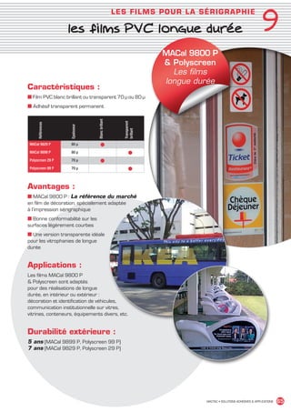 9
                                                               LES FILM S PO U R LA SÉR IGR AP HI E

                                les films PVC longue durée
                                                                                MACal 9800 P
                                                                                 Polyscreen
                                                                                  Les films
                                                                                longue durée
             Caractéristiques :
             ■ Film PVC blanc brillant ou transparent 70 µ ou 80 µ
             ■ Adhésif transparent permanent
                                              Blanc brillant




                                                                  Transparent
                   Références




                                Epaisseur




                                                                  brillant


              MACal 9829 P       80 µ             ●
              MACal 9899 P       80 µ                                 ●
              Polyscreen 29 P    70 µ             ●
              Polyscreen 99 P    70 µ                                 ●


             Avantages :
             ■ MACal 9800 P : La référence du marché
             en film de décoration, spécialement adaptée
             à l’impression sérigraphique
             ■ Bonne conformabilité sur les
             surfaces légèrement courbes
             ■ Une version transparente idéale
             pour les vitrophanies de longue
             durée


             Applications :
             Les films MACal 9800 P
              Polyscreen sont adaptés
             pour des réalisations de longue
             durée, en intérieur ou extérieur :
             décoration et identification de véhicules,
             communication institutionnelle sur vitres,
             vitrines, conteneurs, équipements divers, etc.


             Durabilité extérieure :
             5 ans (MACal 9899 P, Polyscreen 99 P)
             7 ans (MACal 9829 P, Polyscreen 29 P)




                                                                                         MACTAC • SOLUTIONS ADHÉSIVES  APPLICATIONS   65


MACTAC_CAT_APLI_chap9.indd 65                                                                                                   15/11/12 15:17
 