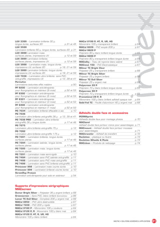 index
             LUV 3399 – Lamination brillante 30 µ,                            MACal 8199 P, HT, R, UR, HG
             longue durée, surfaces 3D	                          p.31 et 45   Monomère 100 µ transparent brillant	                      p.64
             LUV 3599                                                         MACal 8229 – PVC souple 200 µ	                            p.67
             Lamination brillante 60 µ, longue durée, surfaces 2D 	p.31       MACal 9829 P
             LUV 3898 Lamination mate,                                        Polymère 80 µ blanc brillant longue durée	                p.65
             surfaces planes, impressions UV	                    p.12 et 59   MACal 9899 P
             LUV 3899 Lamination brillante,                                   Polymère 80 µ transparent brillant longue durée	          p.65
             surfaces planes, impressions UV	                    p.12 et 59   MACsilky – Tissu de rayonne blanc satiné	                 p.67
             LUV 3998 – Lamination mate, longue durée,                        MACstat 150 – PVC Electrostatique	                        p.67
             impressions UV, surfaces 2D	                    p.18, 21 et 59   Milmar TC Bright Clear
             LUV 3999 Lamination brillante, longue durée,                     Polyester 25 µ transparent brillant	                      p.68
             impressions UV, surfaces 2D	                    p.18, 21 et 59   Milmar TC Bright Silver
             LUV 7036 – Lamination ultra brillante, sans PVC,                 Polyester 25 µ argent brillant	                           p.68
             anti-graffiti, impressions UV	                  p.12, 39 et 41   Milmar TC Dull Silver
             Permafun                                                         Polyester 25 µ argent mat	                                p.68
             Laminations texturées effet matière	                      p.50   Polyscreen 29 P
             PF 6200 – Lamination anti-dérapante                              Polymère 70 µ blanc brillant longue durée	                p.65
             pour floorgraphics en intérieur (9 mois)	           p.52 et 53   Polyscreen 99 P
             PF 6300 – Lamination anti-dérapante                              Polymère 70 µ transparent brillant longue durée	          p.65
             pour floorgraphics en intérieur (6 mois) 	          p.52 et 53   Promotional 29 P, R
             PF 6301 – Lamination anti-dérapante                              Monomère 100 µ blanc brillant adhésif opaque noir	        p.64
             pour floorgraphics en intérieur (3 mois) 	          p.52 et 53   Solid Foil TC – Feuille d’aluminium 40 µ argent mat	      p.68
             PF 6400 – Lamination anti-dérapante
             pour floorgraphics en intérieur (1 mois) 	          p.52 et 53
             PG 7034 – Lamination brillante effaçable à sec 	          p.10
             PG 7036                                                          Adhésifs double face et accessoires
             Lamination ultra brillante anti-graffiti 36 µ 	 p.12, 39 et 41   PERMAprint
             PG 7036 PRO – Lamination ultra brillante                         Adhésifs double face pour montage photos	           p.70
             anti-graffiti 36 µ longue durée	                    p.17 et 46   MACbond
             PG 7075                                                          Adhésif double face porteur mince pour assemblages	 p.71
             Lamination ultra brillante anti-graffiti 75 µ	            p.12   MACmount – Adhésif double face porteur mousses
             PG 7092                                                          pour assemblages	                                   p.71
             Lamination ultra brillante anti-graffiti 175 µ	           p.12   MACtransfer – Adhésif de transfert 	                p.72
             PG 7281 – Lamination brillante, longue durée,                    Raclettes – plastique ou feutre	                    p.73
             surfaces planes	                                    p.17 et 46   Roulettes Wheelie  Pizzie	p.73
             PG 7284 – Lamination satinée, longue durée,                      MACclean – Produits de nettoyage	                   p.74
             surfaces planes	                                    p.17 et 46
             PG 7285 – Lamination mate, longue durée,
             surfaces planes	                                    p.17 et 46
             PG 7291 – Lamination mate semi-rigide 	                   p.10
             PG 7494 – Lamination sans PVC satinée anti-graffiti	 p.11
             PG 7498 – Lamination sans PVC mate anti-graffiti	         p.11
             PG 7499 – Lamination sans PVC brillante anti-graffiti 	p.11
             Printcover 898 – Lamination mate courte durée	            p.10
             Printcover 899 – Lamination brillanet courte durée	 p.10
             StreetRap Protect
             Lamination anti-dérapante pour sols en extérieur	         p.54



             Supports d’impressions sérigraphiques
             MACscreen
             Dumar Bright Silver – Polyester 36 µ argent brillant	 p.68
             Greenscreen – Sans PVC, blanc brillant éco-conçu	     p.66
             Lamar TC Dull Silver - Complexe 200 µ argent mat	 p.68
             MACal 6952 – PVC ultra destructible	                  p.67
             MACal 7228 – PVC 200 µ rigide	                        p.67
             MACal 8100 P – Monomère 100 µ couleurs	               p.64
             MACal 8128 P, R - Monomère 100 µ blanc mat	           p.64
             MACal 8129 P, HT, R, UR, HG
             Monomère 100 µ blanc brillant	                        p.64
                                                                                                               MACTAC • SOLUTIONS ADHÉSIVES  APPLICATIONS   81


MACTAC_CAT_APLI_Chap11.indd 81                                                                                                                        20/11/12 11:01
 