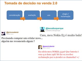 Tomada de decisão na venda 2.0


                                     elogio /
  consideração   avaliação   uso
                                   reclamação
 