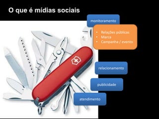 O que é mídias sociais
                          monitoramento

                             • Relações públicas
                             • Marca
                             • Campanha / evento




                               relacionamento



                              publicidade


                     atendimento
 
