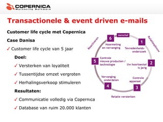 Transactionele & event driven e-mails
Customer life cycle met Copernica

Case Danisa

 Customer life cycle van 5 jaar

   Doel:

     Versterken van loyaliteit

     Tussentijdse omzet vergroten

     Herhalingsverkoop stimuleren

   Resultaten:

     Communicatie volledig via Copernica

     Database van ruim 20.000 klanten
 