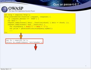 Que	
  se	
  passe-­‐t-­‐il	
  ?	
  

       var http = require('http');
       http.createServer(function (request, response) {
           if (request.method === 'POST') {
       ! var data = '';
       ! request.addListener('data', function(chunk) { data += chunk; });
       ! request.addListener('end', function() {
       !    var stockQuery = eval("(" + data + ")");
       !    var price = getStockPrice(stockQuery.symbol);
       !    ...
       });



          var fs = require('fs');
          return fs.readFileSync('/etc/shadow');




                                                                                               6

Saturday, March 2, 13
 