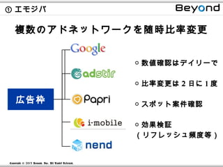 ① エモジバ

    複数のアドネットワークを随時比率変更


                                                      ○ 数値確認はデイリーで

                                                      ○ 比率変更は 2 日に 1 度

    広告枠                                               ○ スポット案件確認

                                                      ○ 効果検証
                                                      （リフレッシュ頻度等）


Copyright © 2013 Beyond, Inc. All R ights Reserved.
 