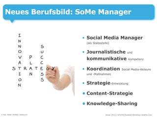 Neues Berufsbild: SoMe Manager


                                       • Social Media Manager
                                         (als Stabsstelle)


                                       • Journalistische und
                                         kommunikative Kompetenz

                                       • Koordination                   Social Media-Akteure
                                         und -Maßnahmen


                                       • Strategie-Entwicklung

                                       • Content-Strategie

                                       • Knowledge-Sharing

© Foto: Helder_Almeida / fotolia.com                   Januar 2013 • AUSZUG Facebook Workshop • DoSchu.Com
 