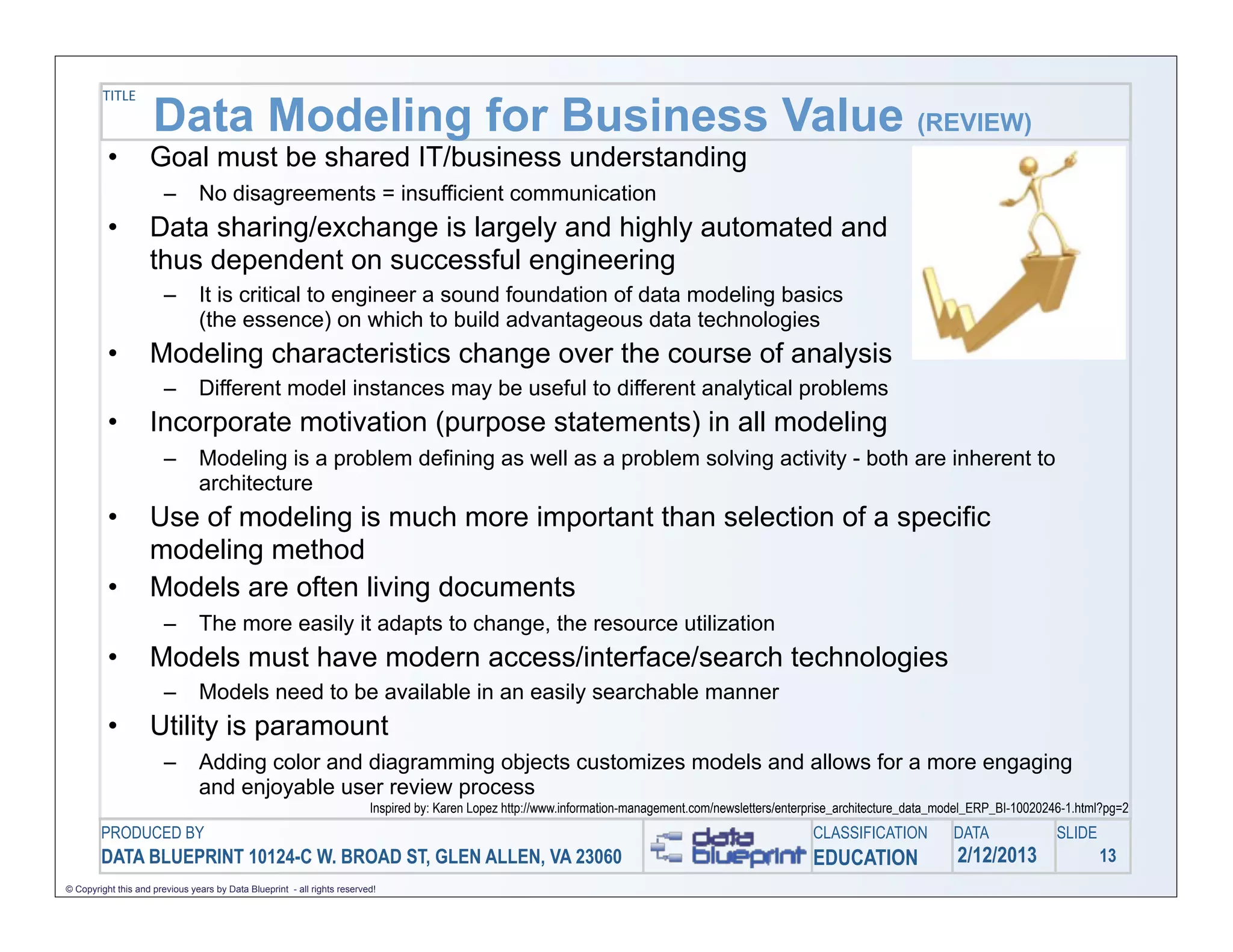 TITLE
                     Data Modeling for Business Value (REVIEW)
          •         Goal must be shared IT/business understanding
                        –       No disagreements = insufficient communication
          •         Data sharing/exchange is largely and highly automated and
                    thus dependent on successful engineering
                        –       It is critical to engineer a sound foundation of data modeling basics
                                (the essence) on which to build advantageous data technologies
          •         Modeling characteristics change over the course of analysis
                        –       Different model instances may be useful to different analytical problems
          •         Incorporate motivation (purpose statements) in all modeling
                        –       Modeling is a problem defining as well as a problem solving activity - both are inherent to
                                architecture
          •         Use of modeling is much more important than selection of a specific
                    modeling method
          •         Models are often living documents
                        –       The more easily it adapts to change, the resource utilization
          •         Models must have modern access/interface/search technologies
                        –       Models need to be available in an easily searchable manner
          •         Utility is paramount
                        –       Adding color and diagramming objects customizes models and allows for a more engaging
                                and enjoyable user review process
                                                                          Inspired by: Karen Lopez http://www.information-management.com/newsletters/enterprise_architecture_data_model_ERP_BI-10020246-1.html?pg=2
        PRODUCED BY                                                                                                                                       CLASSIFICATION           DATA              SLIDE
        DATA BLUEPRINT 10124-C W. BROAD ST, GLEN ALLEN, VA 23060                                                                                          EDUCATION                 2/12/2013                13
© Copyright this and previous years by Data Blueprint - all rights reserved!
 