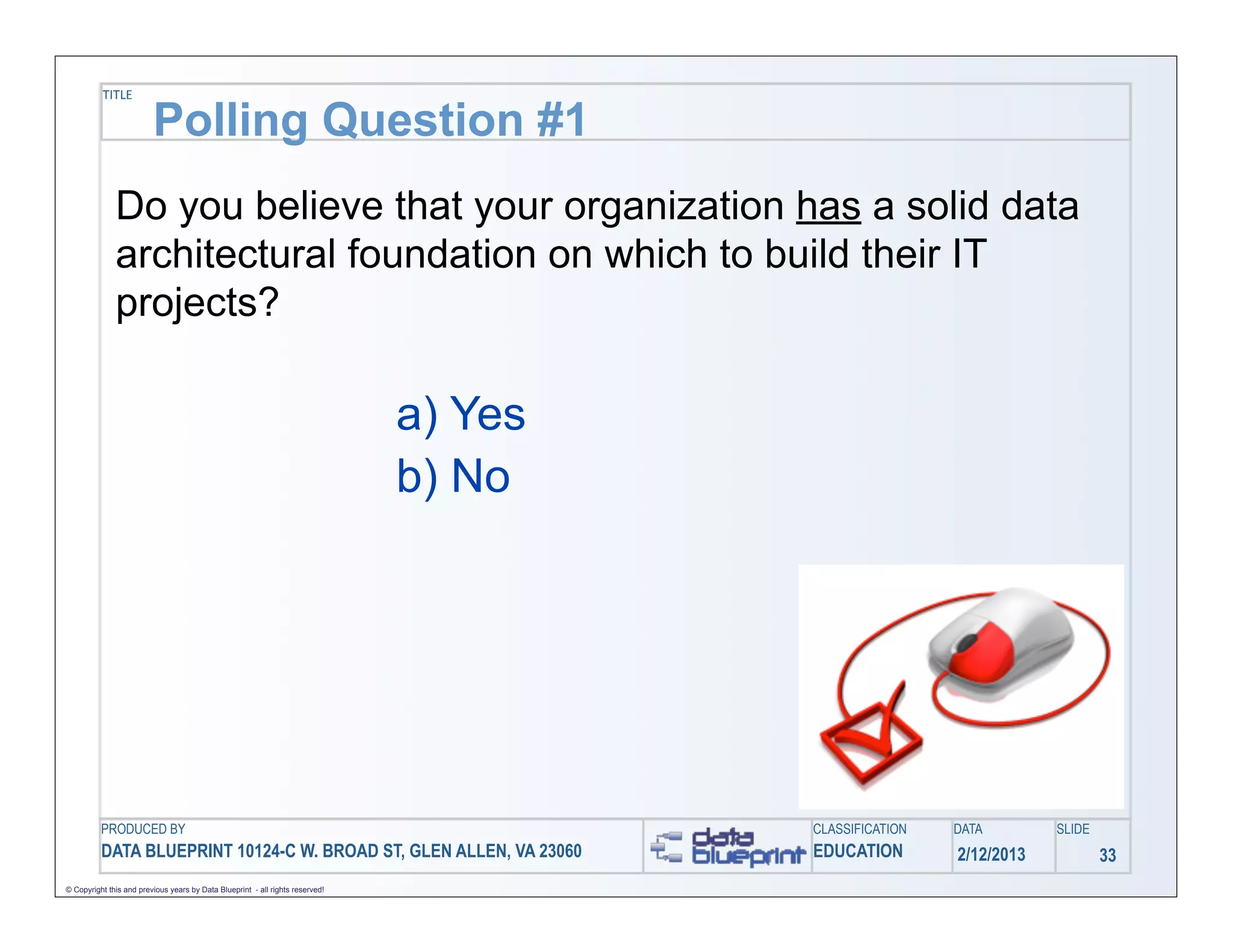 TITLE

                         Polling Question #1
              Do you believe that your organization has a solid data
              architectural foundation on which to build their IT
              projects?

                                                                               a) Yes
                                                                               b) No




          PRODUCED BY                                                                   CLASSIFICATION   DATA        SLIDE
          DATA BLUEPRINT 10124-C W. BROAD ST, GLEN ALLEN, VA 23060                      EDUCATION        2/12/2013           33
© Copyright this and previous years by Data Blueprint - all rights reserved!
 