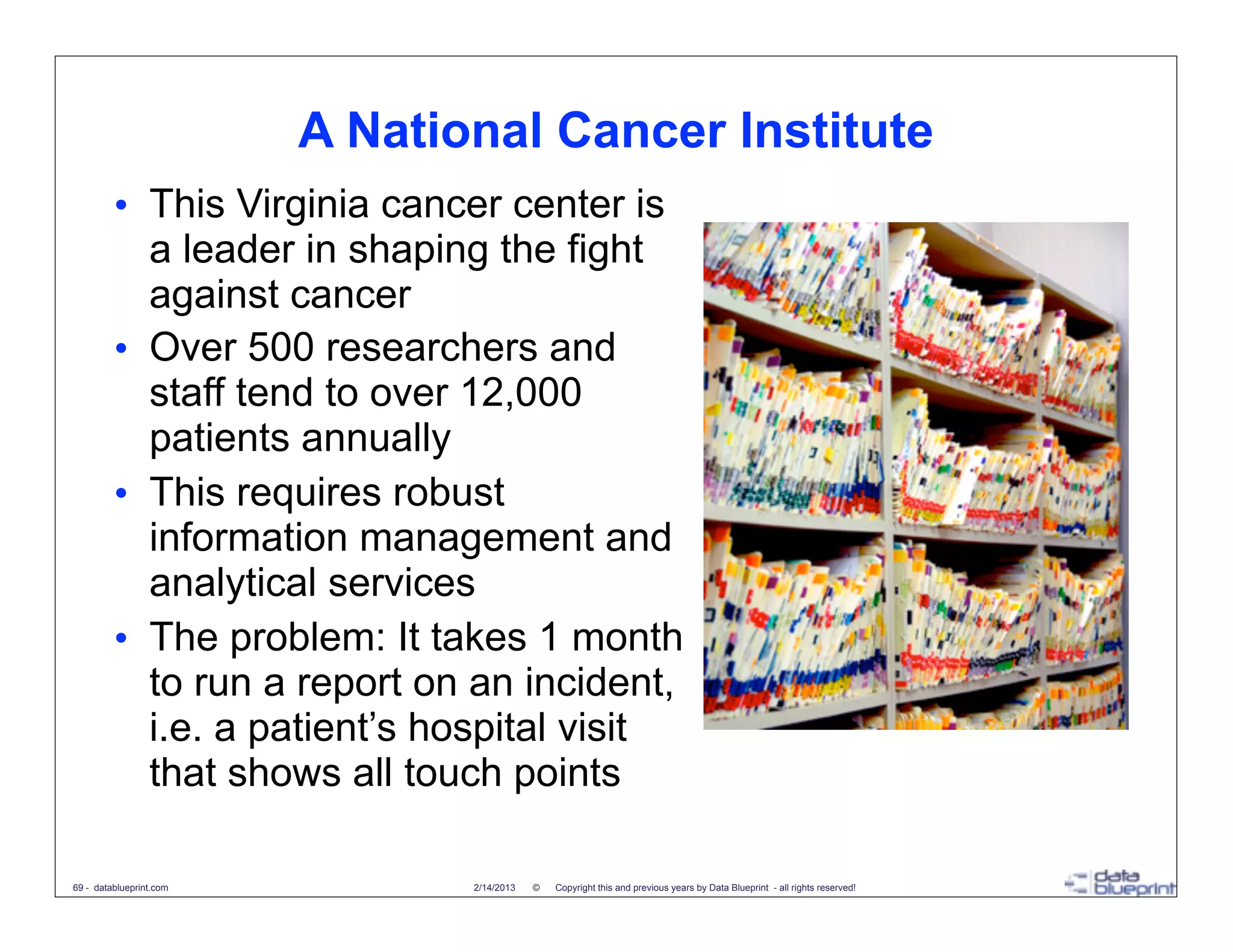 A National Cancer Institute
         • This Virginia cancer center is
           a leader in shaping the fight
           against cancer
         • Over 500 researchers and
           staff tend to over 12,000
           patients annually
         • This requires robust
           information management and
           analytical services
         • The problem: It takes 1 month
           to run a report on an incident,
           i.e. a patient’s hospital visit
           that shows all touch points

69 - datablueprint.com          2/14/2013   ©   Copyright this and previous years by Data Blueprint - all rights reserved!
 