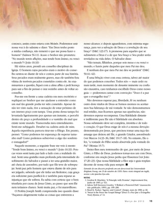 conosco, assim como estava com Moisés. Poderemos unir         nosso alcance; e depois aguardemos, com extrema segu-
nossa voz à do salmista e dizer: “Em Deus tenho posto         rança, para ver a salvação de Deus e a revelação de seu
a minha confiança; não temerei o que me possa fazer o         braço” (D&C 123:17). A promessa para aqueles que se
homem” (Salmos 56:11). Acaso o Senhor não prometeu:           submetem a Deus é a de que Seu braço e Seu poder serão
“No mundo tereis aflições, mas tende bom ânimo, eu venci      revelados na vida deles. O Salvador disse:
o mundo”? ( João 16:33)                                          “Não temais, filhinhos, porque sois meus e eu venci o
    Há vários anos, presidi um conselho disciplinar da        mundo; e fazeis parte daqueles que meu Pai me deu;
Igreja. O homem cujos pecados eram o motivo do conse-            E nenhum dos que meu Pai me deu se perderá” (D&C
lho sentou-se diante de nós e contou parte de sua história.   50:41–42).
Seus pecados eram realmente graves, mas ele também fora          É uma bênção viver com essa certeza, talvez até maior
vítima de terríveis pecados cometidos contra ele. Ao exa-     do que podemos conceber. Todos nós — mais cedo ou
minarmos a questão, fiquei com a alma aflita e pedi licença   mais tarde, num momento de desastre iminente ou confu-
para sair a fim de pensar e orar sozinho antes de voltar ao   são exaustiva, caso tenhamos escolhido Deus como nosso
conselho.                                                     guia — poderemos cantar com convicção: “Doce é a paz
    Pus-me em frente a uma cadeira em meu escritório e        que o evangelho traz”.4
supliquei ao Senhor que me ajudasse a entender como              Não devemos esperar paz, liberdade, fé ou nenhum
um mal tão grande podia ter sido cometido. Apesar de          outro dom vindos de Deus se formos mornos ou aceitar-
não ter visto nada, tive a sensação de estar próximo de       mos Sua liderança de má vontade. Se não demonstrarmos
um imenso poço com tampa. Uma ponta dessa tampa foi           real retidão, mas ficarmos apenas nas aparências, não
levantada ligeiramente por apenas um instante, e percebi      devemos esperar recompensa. Uma fidelidade distante
dentro do poço a profundidade e a vastidão do mal que         e indiferente para Ele não é fidelidade em absoluto.
existe neste mundo. Transcendia meu entendimento.             Nossa submissão deve ser completa, irrestrita e de todo
Senti-me subjugado. Desabei na cadeira atrás de mim.          o coração. O que Deus exige de nós é a mesma devoção
Aquela experiência pareceu tirar-me o fôlego. Em pranto,      demonstrada por Jesus, que precisou tomar uma taça tão
pensei: “Como podemos ter esperança de superar tama-          amarga que deixou até Ele, o grande Criador, assombrado
nho mal? Como podemos sobreviver a algo tão sombrio           (ver Marcos 14:33–36; D&C 19:17–18). No entanto, Ele o
e esmagador?”                                                 fez, “a vontade do Filho sendo absorvida pela vontade do
    Naquele momento, a seguinte frase me veio à mente:        Pai” (Mosias 15:7).
“Tende bom ânimo, eu venci o mundo” ( João 16:33). Pou-          Deixo-lhes meu testemunho de que, por meio de Jesus
cas vezes senti tanta paz lado a lado com a realidade do      Cristo, o Filho de Deus, podemos tornar-nos um com Deus,
mal. Senti uma gratidão mais profunda pela intensidade do     conforme em oração Jesus pediu que fôssemos (ver João
sofrimento do Salvador e passei a ter uma gratidão maior,     17:20–23). Que nossa fidelidade a Eles seja o guia resplan-
até cheia de assombro, por tudo que Ele teve de sobrepu-      decente de nossa vida para sempre. ◼
jar. Senti paz pelo homem que estava diante de nós para       Extraído de um discurso proferido em um devocional da Universidade
ser julgado, sabendo que ele tinha um Redentor, cuja graça    Brigham Young, em 19 de outubro de 1999. Para o texto integral em inglês,
                                                              acesse o site speeches.byu.edu.
era suficiente para purificá-lo e também para reparar as
                                                              NOTAS
injustiças que ele sofrera. Eu sabia com certeza que o bem    	 1. Gordon B. Hinckley, “A Principle with Promise”, Improvement Era,
                                                                   junho de 1965, p. 521.
triunfaria por causa de Jesus Cristo, ao passo que sem Ele    	 2. Adena Nell Swenson Gourley, “I Walked a Flowered Path” (manuscrito
nem teríamos chance. Senti muita paz, e foi maravilhoso.           não publicado, 1995), pp. 199–200.
                                                              	 3. Boyd K. Packer, “Agency and Control”, Ensign, maio de 1983, p. 66.
    O Profeta Joseph Smith compreendia isso quando disse:     	 4. “Sweet Is the Peace the Gospel Brings” [Doce É a Paz Que o Evangelho
“Façamos alegremente todas as coisas que estiverem a               Traz], Hymns, nº 14.

                                                                                                	          M a r ç o d e 2 0 1 3 	19
 