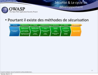 Sécurité	
  &	
  Le	
  cycle	
  de	
  
                                                                                                     développement


             • Pourtant	
  il	
  existe	
  des	
  méthodes	
  de	
  sécurisa6on




                                                                                                                                           10
Ca	
  parait	
  compliqué,	
  mais	
  je	
  l’ai	
  présenté	
  à	
  confoo	
  précédemment....
Saturday, March 2, 13
 