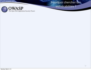 Pourquoi	
  chercher	
  des	
  
                           vulnérabilités	
  ?




                                                          12

Saturday, March 2, 13
 