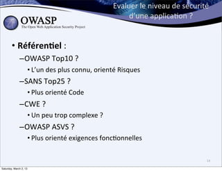 Evaluer	
  le	
  niveau	
  de	
  sécurité	
  
                                                                     d’une	
  applica6on	
  ?	
  


        • Référen'el	
  :
              –OWASP	
  Top10	
  ?
                        • L’un	
  des	
  plus	
  connu,	
  orienté	
  Risques
              –SANS	
  Top25	
  ?	
  
                        • Plus	
  orienté	
  Code
              –CWE	
  ?
                        • Un	
  peu	
  trop	
  complexe	
  ?
              –OWASP	
  ASVS	
  ?
                        • Plus	
  orienté	
  exigences	
  fonc6onnelles

                                                                                                           14

Saturday, March 2, 13
 