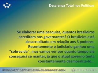 Descrença Total nos Políticos




    Se elaborar uma pesquisa, quantos brasileiros
     acreditam nos governantes? O brasileira está
         desacreditado em relação aos 3 poderes.
           Recentemente o judiciário ganhou uma
"sobrevida", mas vamos ver por quanto tempo ele
conseguirá se manter, já que o atual governo tenta
                constantemente desmoralizá-lo...
 