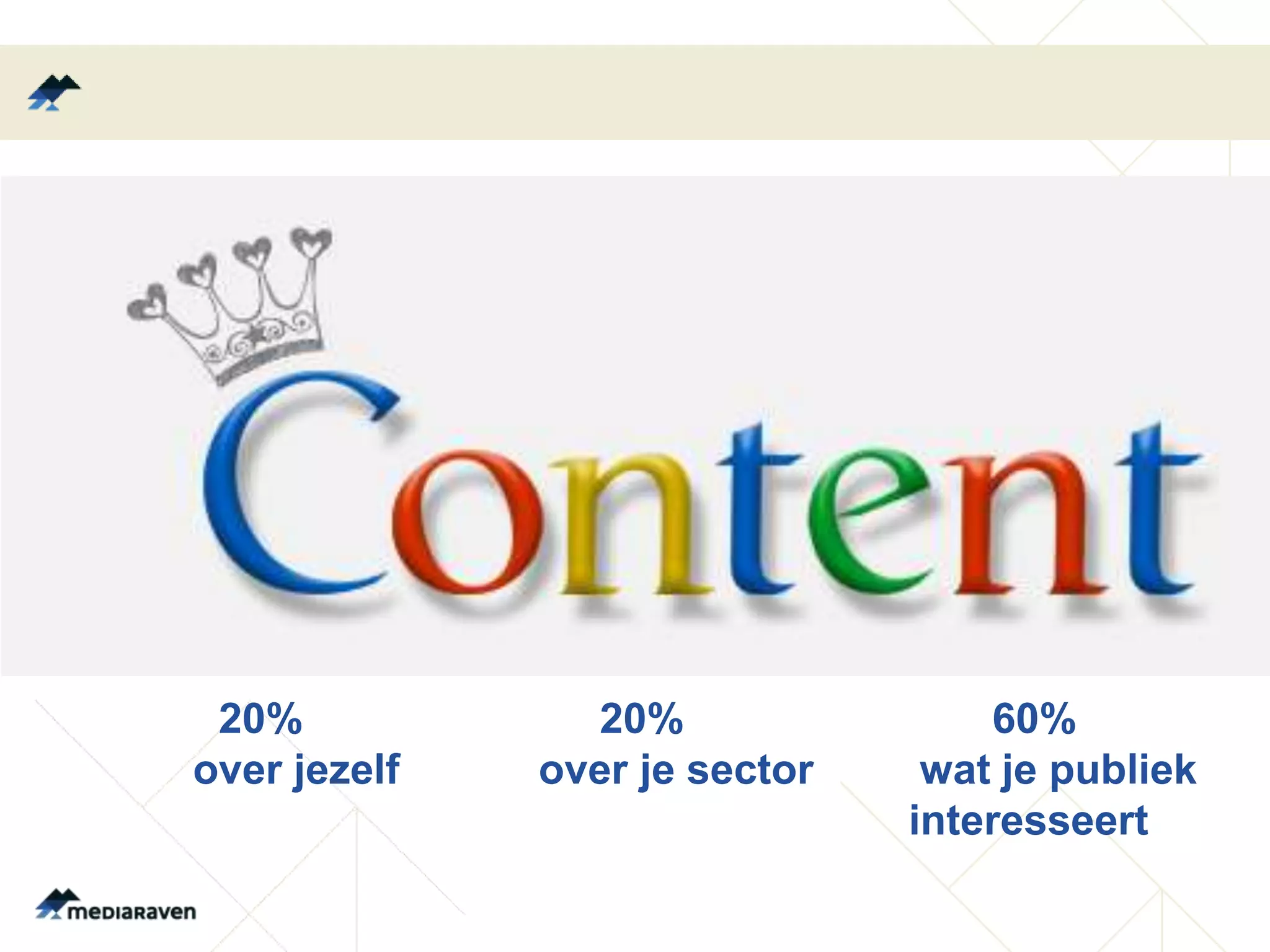 20%             20%                60%
over jezelf   over je sector    wat je publiek
                               interesseert
 