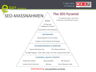 7. März 2013
                                              FH Salzburg




SEO-MASSNAHMEN




         Gratis Beratung: www.globalseo.pro/eday
 