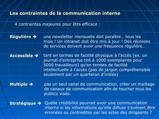 Les contraintes de la communication interne
4 contraintes majeures pour être efficace :
Régulière 
Accessible 
Multiple 
Stratégique 
une newsletter mensuelle doit paraître… tous les
mois ! Un intranet doit être mis à jour ! Des réunions
de services doivent avoir une fréquence régulière…
tant en termes de facilité physique à l’accès (ex. un
journal d’entreprise tiré à 1000 exemplaires pour
5000 travailleurs) qu’en termes de facilité
intellectuelle à l’accès (pas de jargon compréhensible
seulement par un quarteron d’initiés)
pas un seul canal de communication, créer un maillage
de canaux de communication afin de toucher tous les
publics visés.
Quelle crédibilité pourrait avoir une communication
interne si les informations qu’elle diffuse s’avèrent être
erronées ou contredites par les actes des dirigeants ?
 