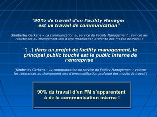 ‘’90% du travail d’un Facility Manager
est un travail de communication’’
(Kimberley Gerkens – La communication au service du Facility Management : vaincre les
résistances au changement lors d’une modification profonde des modes de travail)
‘’[…] dans un projet de facility management, le
principal public touché est le public interne de
l’entreprise’’
(Kimberley Gerkens – La communication au service du Facility Management : vaincre
les résistances au changement lors d’une modification profonde des modes de travail)
 