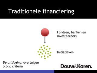 Traditionele financiering


                           Fondsen, banken en
                           investeerders



                           Initiatieven


De uitdaging: overtuigen
o.b.v. criteria
 