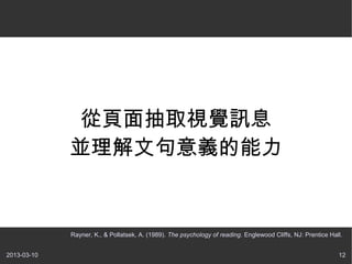 ҳȡӾѶϢ
             Kľx


             Rayner, K., & Pollatsek, A. (1989). The psychology of reading. Englewood Cliffs, NJ: Prentice Hall.


2013-03-10                                                                                                    12
 